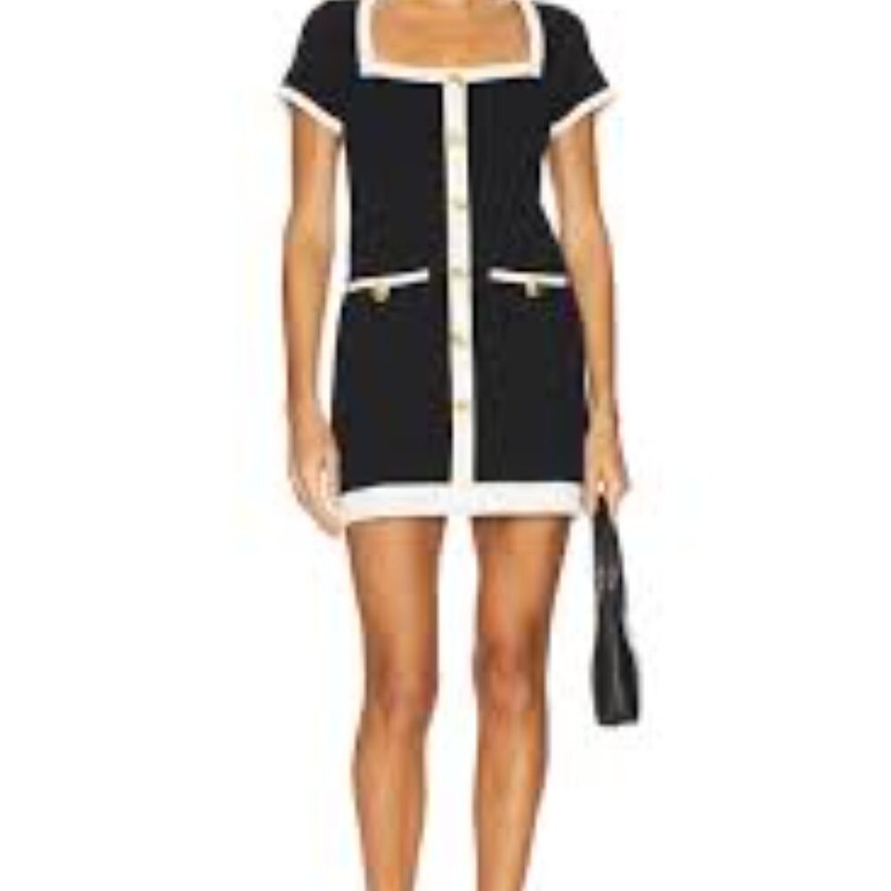 Show Me Your MuMu Sofia Black and Cream Mini Sweater Dress with Gold Buttons